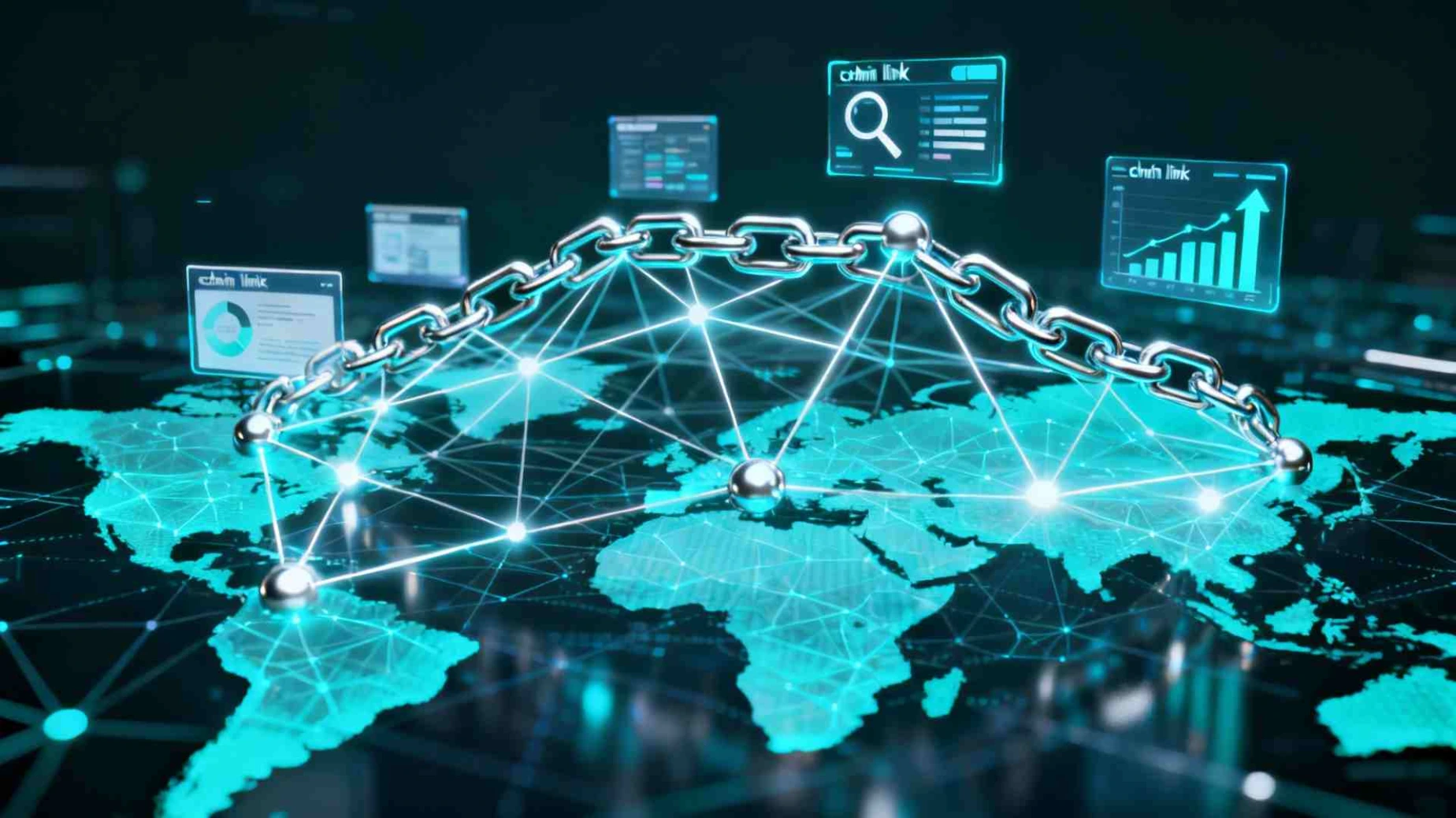 AI-powered link building network visual showing digital connections, SEO analytics, and futuristic technology for modern backlink strategies
